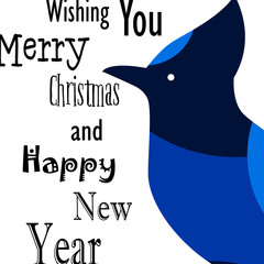 Wishing you Merry Christmas and Happy New Year card with Blue Jay. Flat design. Vector