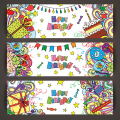 Happy Birthday greeting banners with celebration elements. 