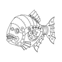 Steampunk style piranha fish coloring book vector