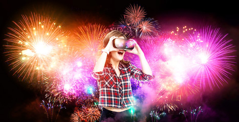 Double exposure, girl getting experience using VR glasses, being in virtual reality, watching...