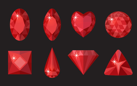 Red gems set. Jewelry, crystals collection isolated on black background. Rubies, diamonds of different shapes, cut. Colorful red gemstones. Realistic, cartoon style. Vector illustration, clip art