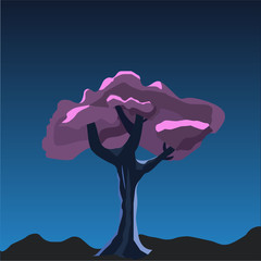 Purple Tree Cartoon 2D game vector illustration. Violet tree in the night under the moonlight. Element for your game or Halloween design.