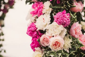 Beautiful floral decoration at wedding reception closeup