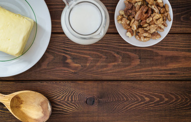 Ingredients for cooking on wooden background.Top view. Cooking course 