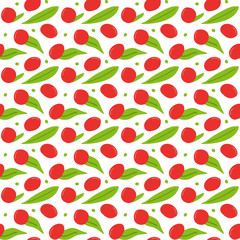 Cute hand drawn red goji berries on white seamless pattern background.