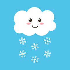 Cute happy cloud with snowflakes, winter weather icon on blue background.