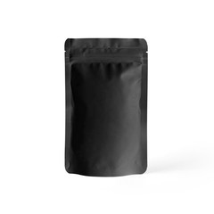 Black blank plastic vacuum sealed pouch bag isolated on white background. Packaging template mockup...