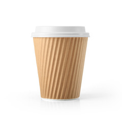 Corrugated Paper Disposable Coffee Cup with Lid isolated on White Background. Front view. Packaging...