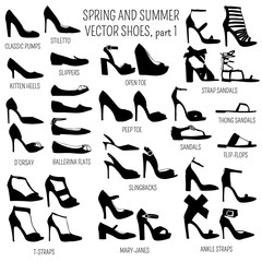 Set of vector women spring and summer shoes isolated on white background - obrazy, fototapety, plakaty