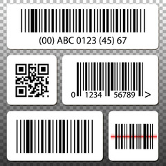 Barcode and QR code stickers template set, collection on transparent background.