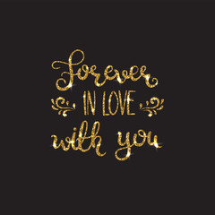 Fototapeta na wymiar Love text. Romantic lettering with glitter. Golden sparkles