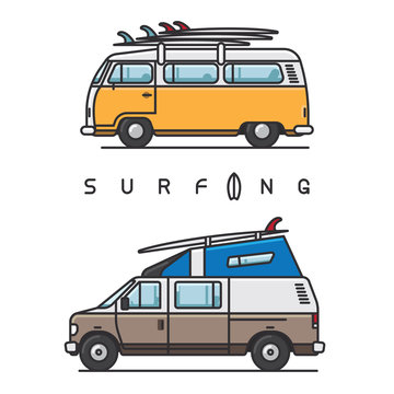 Van with surfboard on top of the roof on white bacground