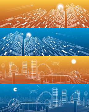 City and transport panorama set, train on the bridge. Business center buildings, skyscrapers and towers, white lines, day and night town, airplane fly, vector design art