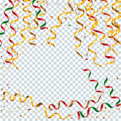 Golden and colorful serpentine ribbons with golden dust on trans