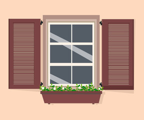 The window with shutters and flowers