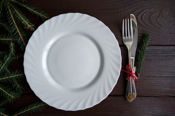 Winter menu setting, cutlery and fir near plate and copyspace. Ideal for new seasonal winter menu