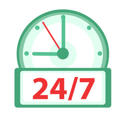 24 7 Clock icon, flat design. Watches 24h, 7 days a week isolated on white background. Vector illustration, clip art