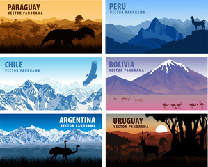 vector set of panorams countries South America - Chile, Peru, Argentina, Bolivia, Paraguay,  Uruguay - obrazy, fototapety, plakaty