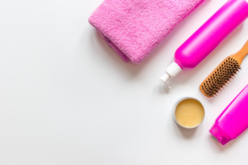 cosmetics for women haircare in bottle white background top view