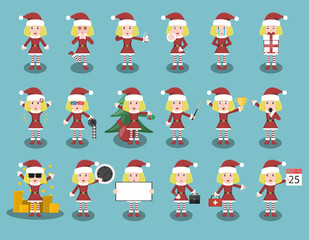 Big collection of vector cartoon Santa Claus Girl character in different poses and emotions. Concept of Merry Christmas and Happy New Year.