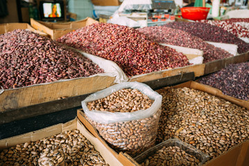 Abounding Market Showcase With Wide Range Of Varicolored Sorts Of Raw Dry Beans In Bulk