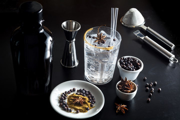 Gin tonic drink cocktail fancy glass black background tonic water ice garnish fresh fruit craft...