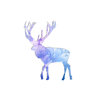 Watercolor deer silhouette on free light blue paint designs abstract background