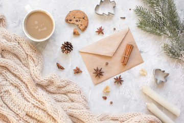 Christmas evening with cup of cocoa white background top view