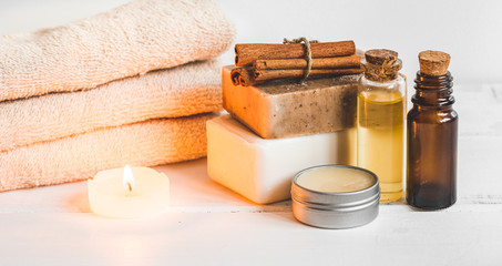 Preparation for spa treatments on white background