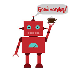 Naklejka premium Vector illustration of a toy Robot with cup of coffee and text Good morning!