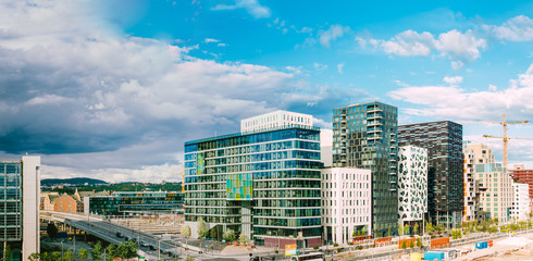 Naklejka premium Oslo Norway. Night Panoramic View Of Contemporary District Of Hi