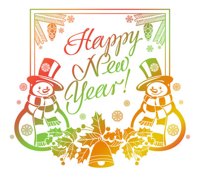 Holiday label with funny snowman and written greeting "Happy New Year!". 