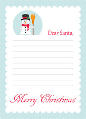 cartoon letter to santa with cute snowman and broom
