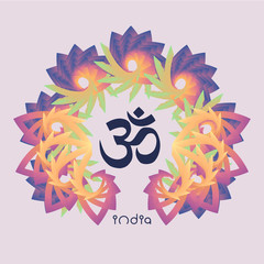 Logo Shiva - lotus . Indian style . Gentle color . Background pattern mandala petals of lily. Line length of Buddhism, yoga and spa salon. 