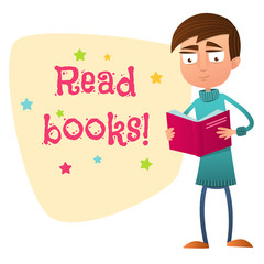 Read books. Teen boy holding an open book paper