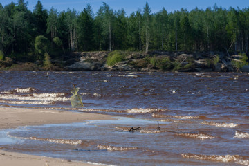 River Landscape Summer. Sunny Day. Nobody. Sun Shine In Blue Sky With Clouds.
