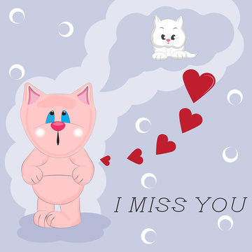 Cute cat dreams of love. Valentines card template. Romantic vector illustration.