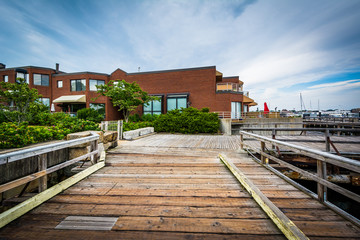 Boardwalk and buildings on the Charles River waterfront, in Char