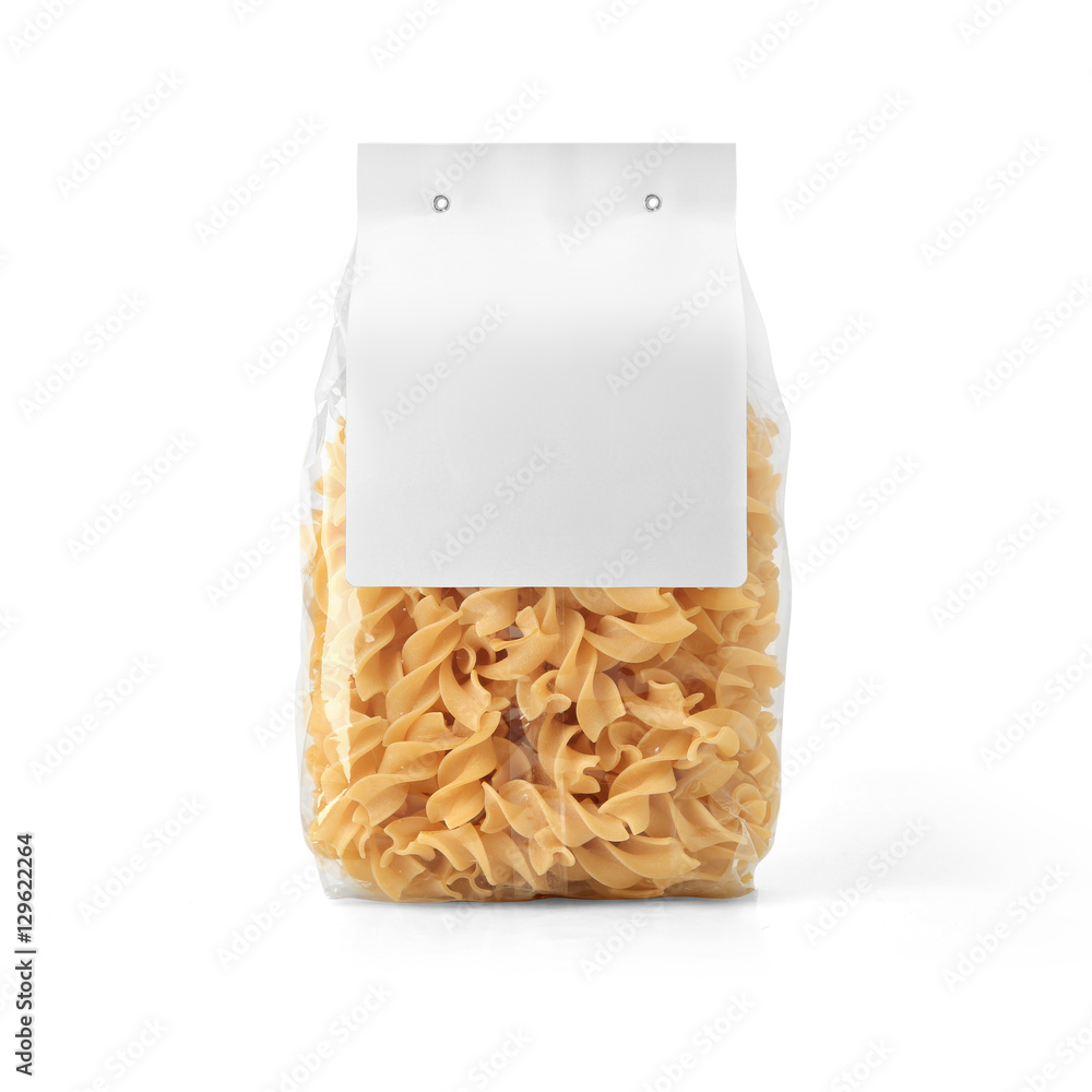 Wall mural transparent plastic pasta bag with paper label isolated on white background. packaging template mock