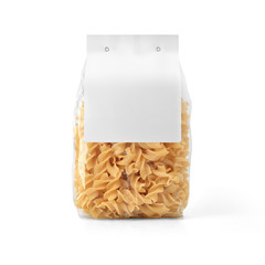 Transparent plastic pasta bag with paper label isolated on white background. Packaging template mockup collection. With clipping Path included. Stand-up Back view. Fusilli shape