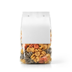 Transparent plastic pasta bag with paper label isolated on white background. Packaging template...