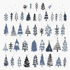 Set of hand drawn christmas tree. Holiday decoration isolated elements. Vector illustration. Use for Greeting Scrapbooking, Congratulations, Invitations