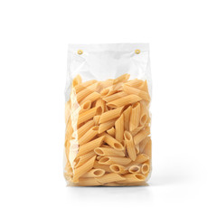 Transparent plastic pasta bag isolated on white background. Packaging template mockup collection. With clipping Path included. Stand-up Front view. Penne Rigate shape