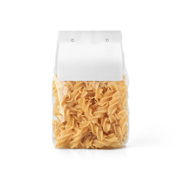 Transparent plastic pasta bag with paper label isolated on white background. Packaging template mockup collection. With clipping Path included. Stand-up Front view. Fusilli shape