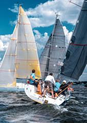 Sailing yacht race, regatta. Team athletes participating in the sailing competition - obrazy, fototapety, plakaty