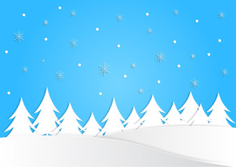 winter season background with snow and many tree on blue background, christmas background, vector, copy space for text, illustration, paper art and origami style
