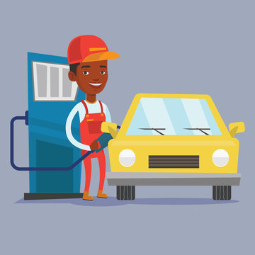 Worker filling up fuel into car.