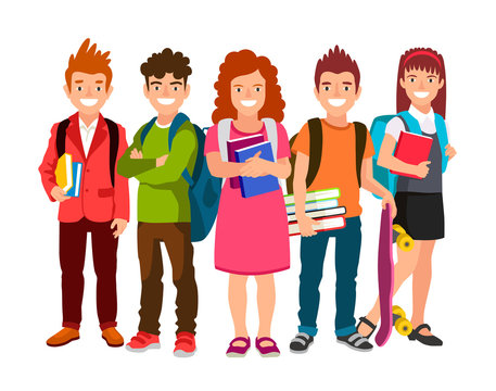 Funny group of schoolchildren with backpacks and textbooks