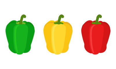 Set of red, yellow, green sweet bell pepper. Flat style.