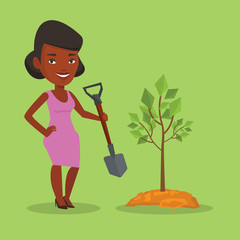 Woman plants tree vector illustration.